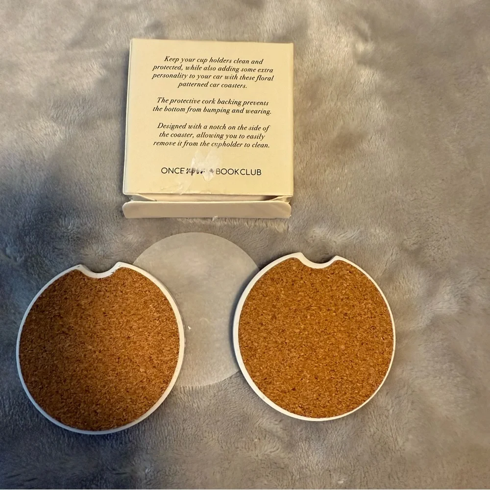 Blue & Black Floral Car Coasters, Cork‎ & Ceramic Set Of 2 New NIB
